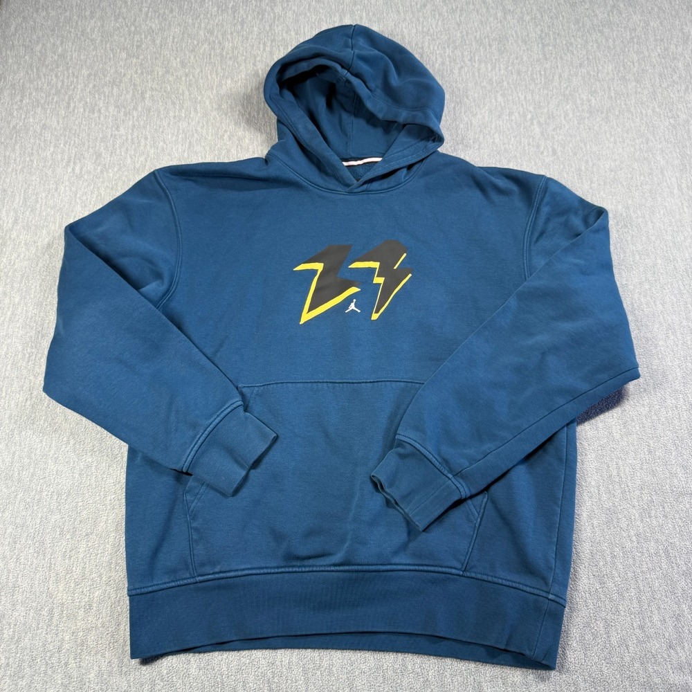 Jordan Hoodie Men M Blue Lightning Bolt Graphic Jumpman Fleece Pullover Sweatshi